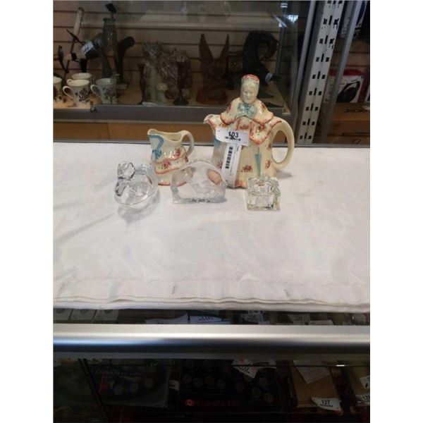 ENGLISH FIGURE TEAPOT WITH CREAM CUP AND CRYSTAL FIGURES