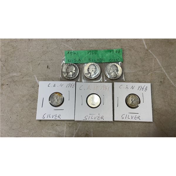 6 SILVER CANADIAN COINS DATES VARY FROM 1941-1968