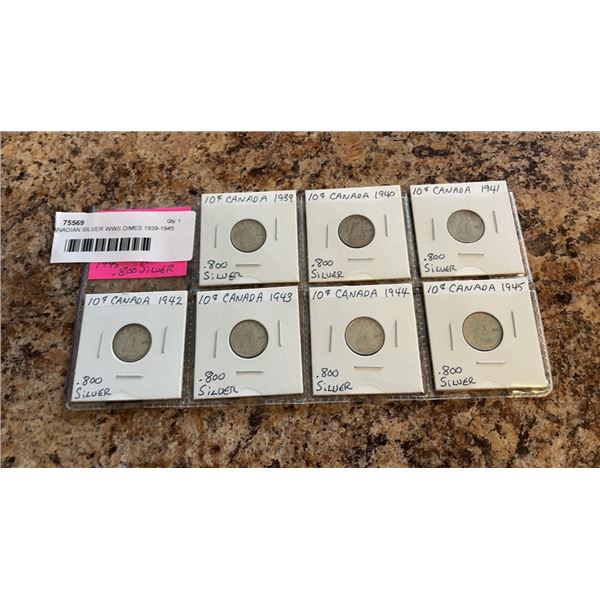 7 CANADIAN SILVER WWII DIMES 1939-1945 .800 SILVER