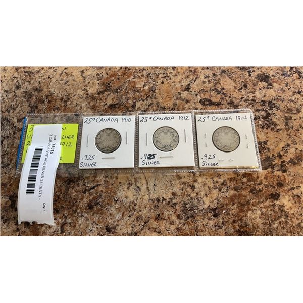 3 CANADA VINTAGE SILVER 25 CENTS - 1910, 1912, 1914