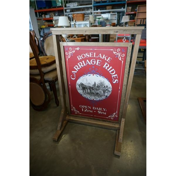 WOOD SIGN BOARD WITH ROSELAKE CARRIAGE RIDES ADVERT