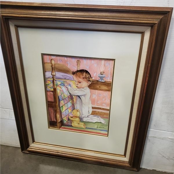 FRAMED WATERCOLOR ON PAPER YOUNG CHILD PRAYER SIGNED B HORCH