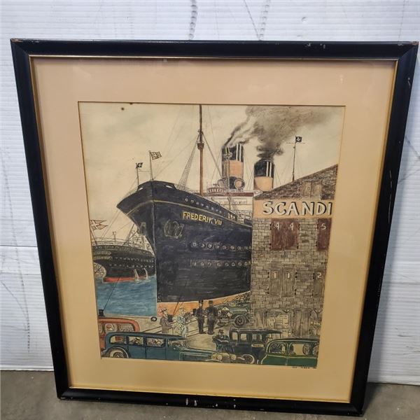 WATERCOLOR AND PENCIL ON PAPER THE SHIPS FREDERIK VIII AT DOCK SIGNED GEORGE OLSEN