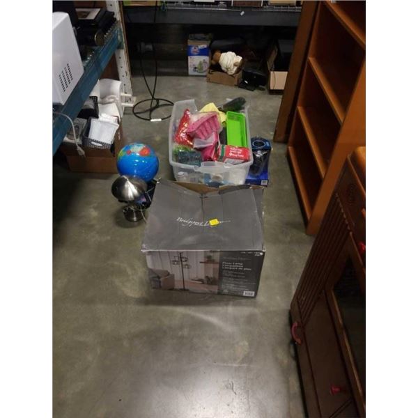 TOTE OF AMAZON OVERSTOCK ITEMS, FLOOR LAMP, TABLE LAMP AND GLOBE