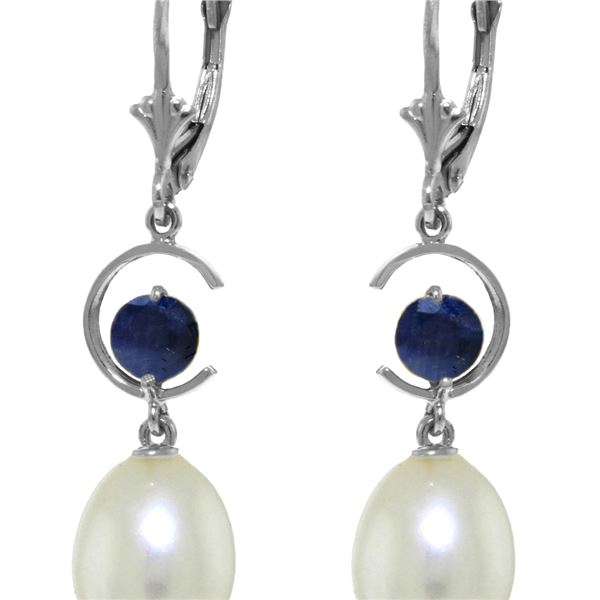 Genuine 9 ctw Pearl & Sapphire Earrings 14KT White Gold - REF-39X4M