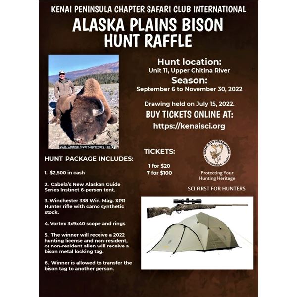 The Alaska Governors Chitina Bison Hunt Raffle, link to buy tickets included. $20 each or 7 for $100