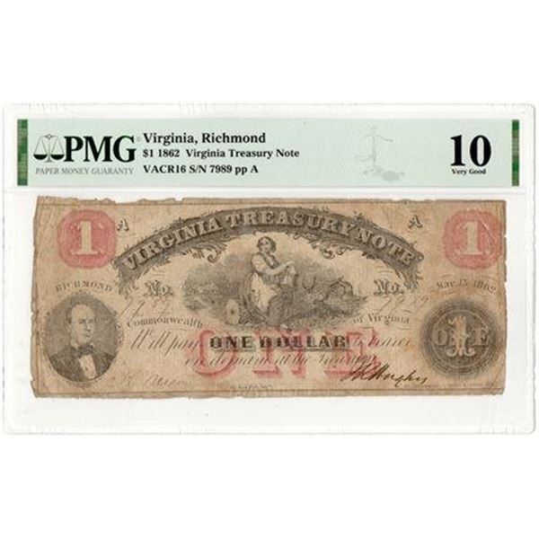 1862 $1 Virginia Treasury Note PMG VG-10