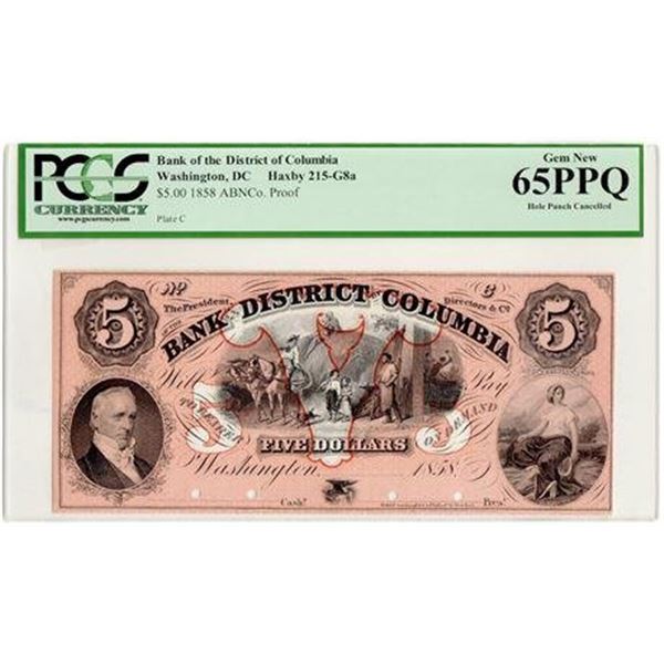 1858 Proof $5 Bank of the District of Columbia, Washington DC PCGS MS-65 PPQ