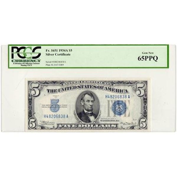 Fr.1651 1934A $5 Silver Certificate PCGS MS-65 PPQ