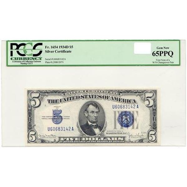 Fr.1654 1934D $5 Silver Certificate - First Note of a W/N Changeover Pair PCGS