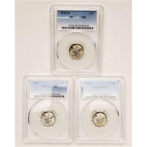 Group of 3 Mercury Dimes 1945 AU-58, 1945-D AU-58 , 1945-S AU-53 PCGS