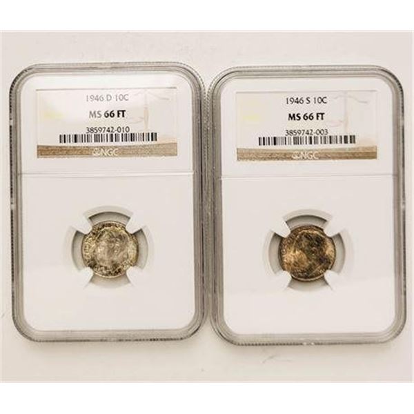 Group of 2 1946-D and 1946-S Roosevelt Dimes NGC MS-66 FT