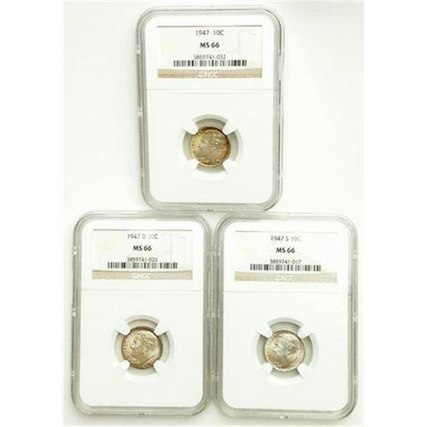 Group of 3 1947, 1947-D, and 1947-S Roosevelt Dimes NGC MS-66
