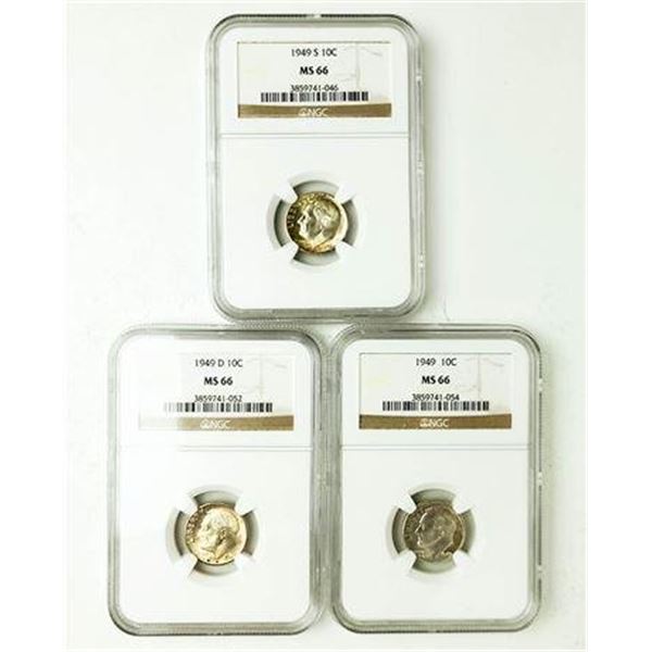 Group of 3 1949, 1949-D, and 1949-S Roosevelt Dimes NGC MS-66
