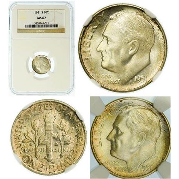 Group of 3 1951 MS-66, 1950-D MS-66, and 1949-S MS-67 Roosevelt Dimes NGC