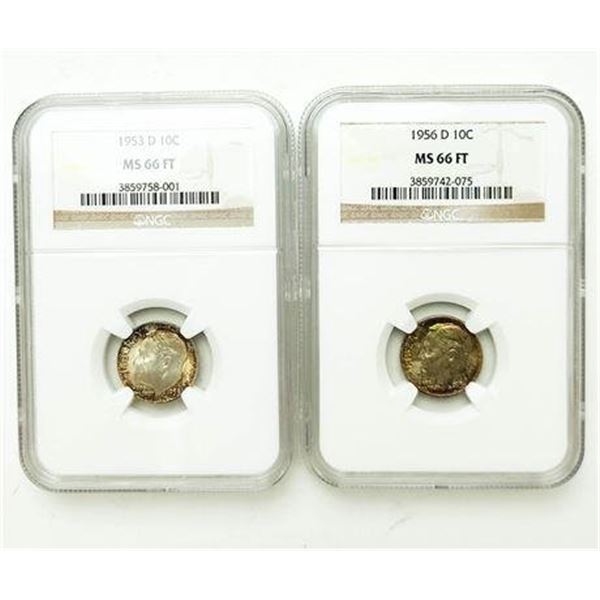 Group of 2 1953-D and 1965-D Roosevelt Dimes NGC MS-66 FT