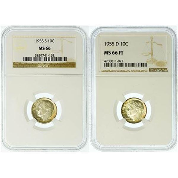 Group of 2 1955-D FT and 1955-S Roosevelt Dimes NGC MS-66