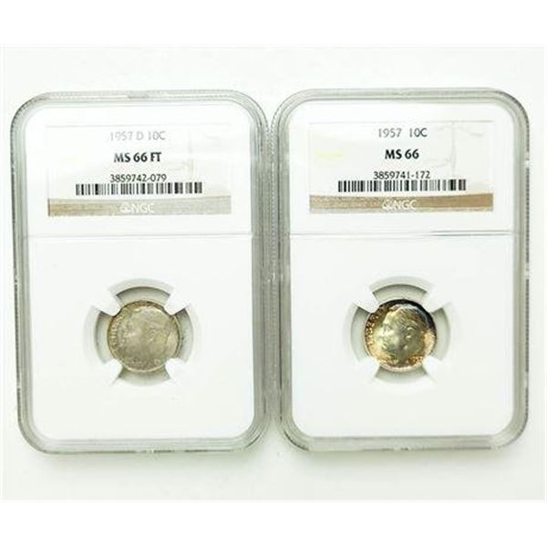 Group of 2 1957 and 1957-D FT Roosevelt Dimes NGC MS-66