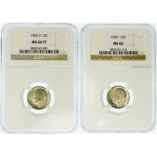 Group of 2 1959 and 1959-D FT Roosevelt Dimes NGC MS-66