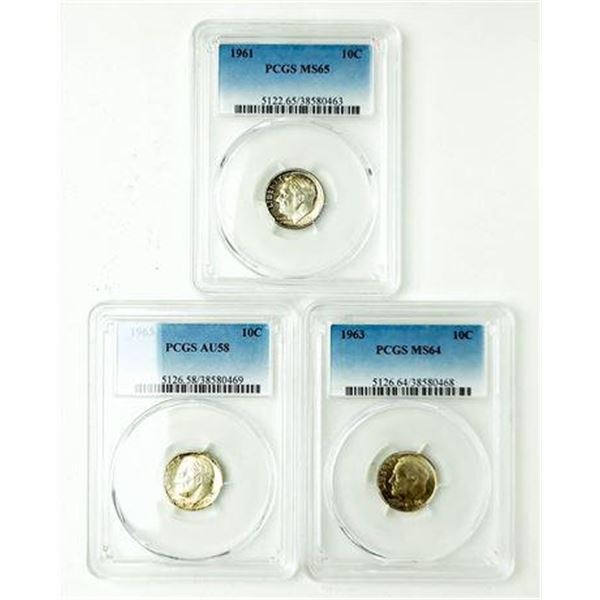 Group of 3 1961 MS-65, 1963 AU-58, 1963 MS-64 Roosevelt Dimes PCGS