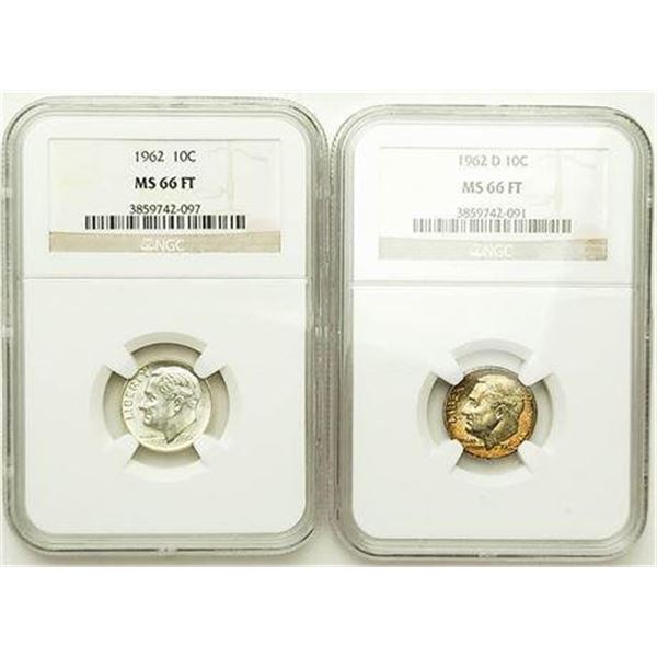 Group of 2 1962 and 1962-D Roosevelt Dimes NGC MS-66 FT