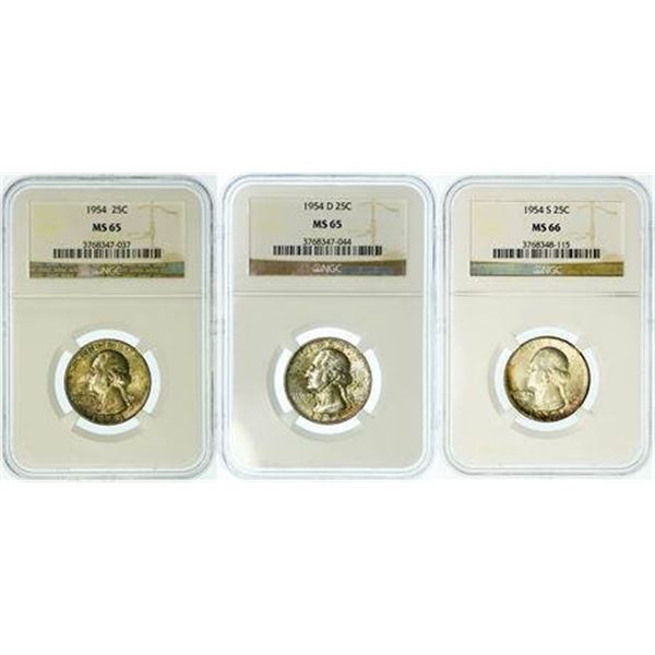 Group of 3 1954 MS-65, 1954-D MS-65 and 1954-S MS-66 Washington Quarters NGC