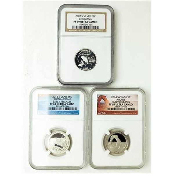 Group of 3 Proof State and National Park Quarters NGC PF-69 Ultra Cameo