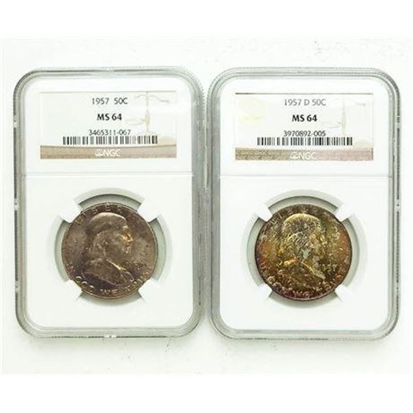 Group of 2 1957 and 1957-D Franklin Half Dollars NGC MS-64