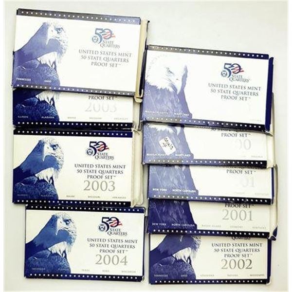 Group of 9 2000 - 2004 State Quarter Proof Sets
