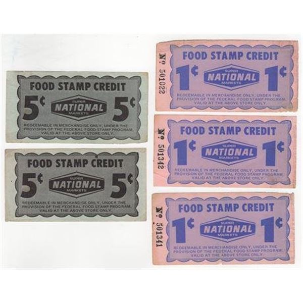Group of 5 National Super Markets Food Stamp Scrip
