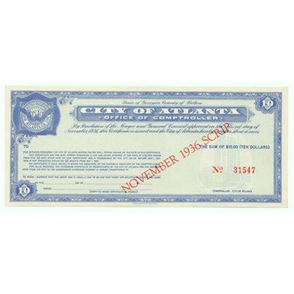 1936 $10 Depression Scrip Atlanta, Georgia