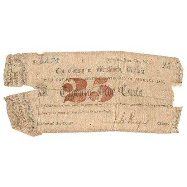 1862 25 Cents  '1682" Error Note Washington County, Virginia