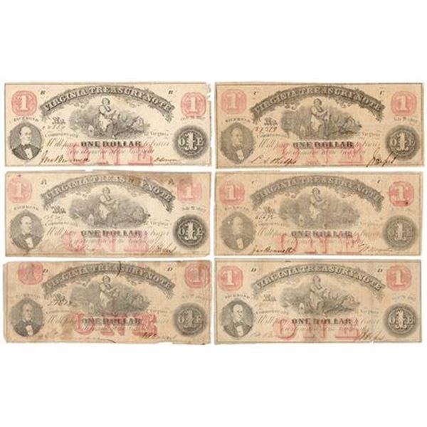 Group of 6 1862 $1 Virginia Treasury Notes