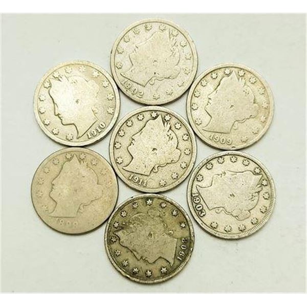 Group of 7 Liberty V Nickels 1899, 1902, 1903, 1908, 1909, 1910, 1911