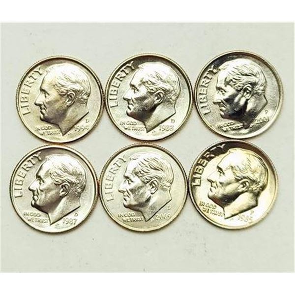 Group of 6 Roosevelt Dimes 1985, 1987-D, 1988-D, 1994-D, 2001, 2009-D