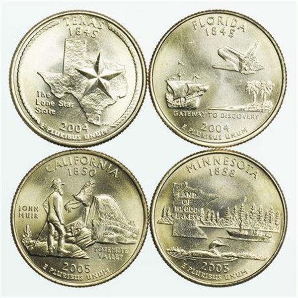 Group of 4 State Washington Quarters FL 2004, TX 2004-D, MN 2005, CA 2005