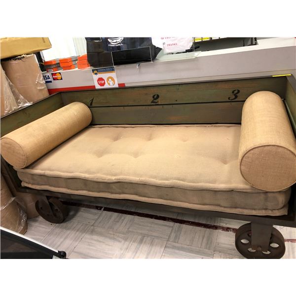 Rolling Antique  Daybed with upholstered Booster Cushions - Rustic Look - Metal and Wood - 72in x 30
