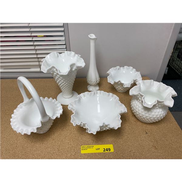Fenton Hobnail Milk Glass - 6 pieces - Excellent Condition - Basket, bowls & vases
