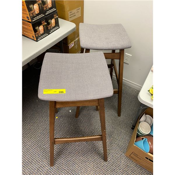 Two Wood Bar Stools with grey fabric seat - 30in tall