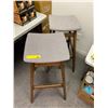 Image 1 : Two Wood Bar Stools with grey fabric seat - 30in tall