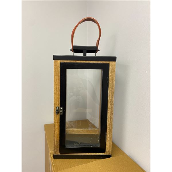 Group of 6 Wood and Glass Lanterns with Leather Handle - each 16 inches tall