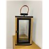 Image 1 : Group of 6 Wood and Glass Lanterns with Leather Handle - each 16 inches tall