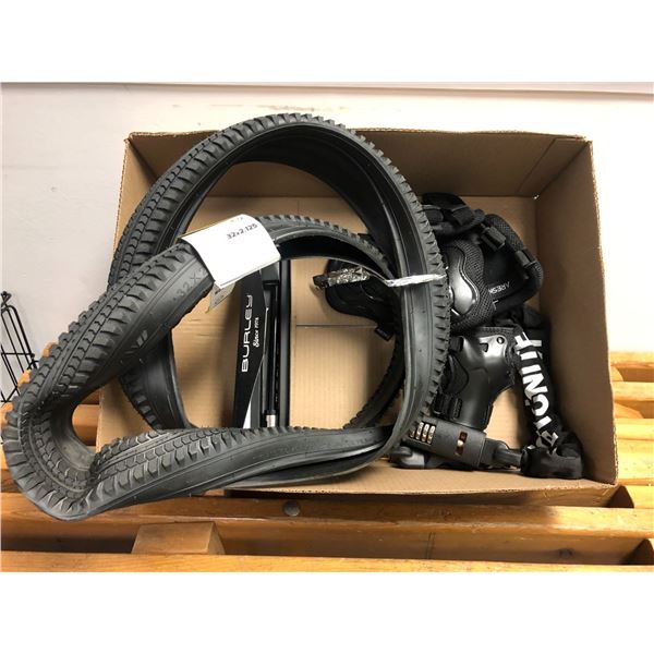 Boxed Lot of Bike Parts - Tires, Lock, Burly Thru Axel and Kids Protective Pads