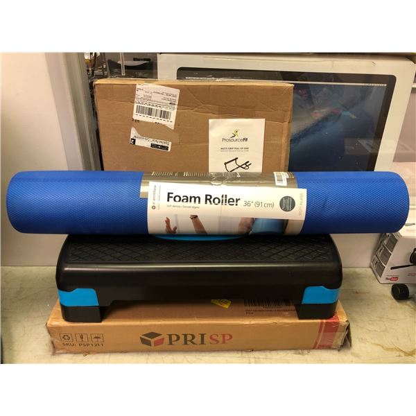 Group of Exercise Equipment - Adjustable Aerobic Stepper, Foam Roller and Multi-Grip Pull Up Bar