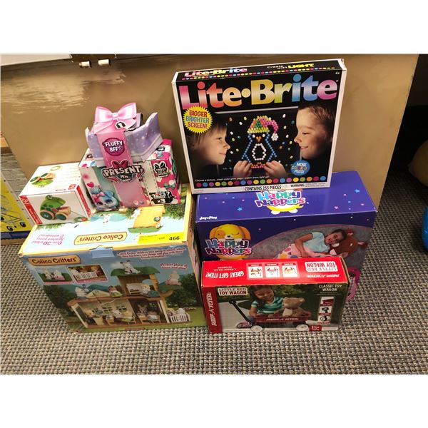Group of Kids Toys - Lite Brite, Happy Nappers Sleeping Bag, Little Red Toy Wagon Calico Critters Pl