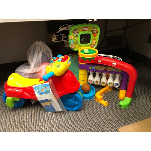Group of Toddler Play Toys - bag of balls, Vtech Motorbike, Little Tikes Ball Games and Foam Interlo