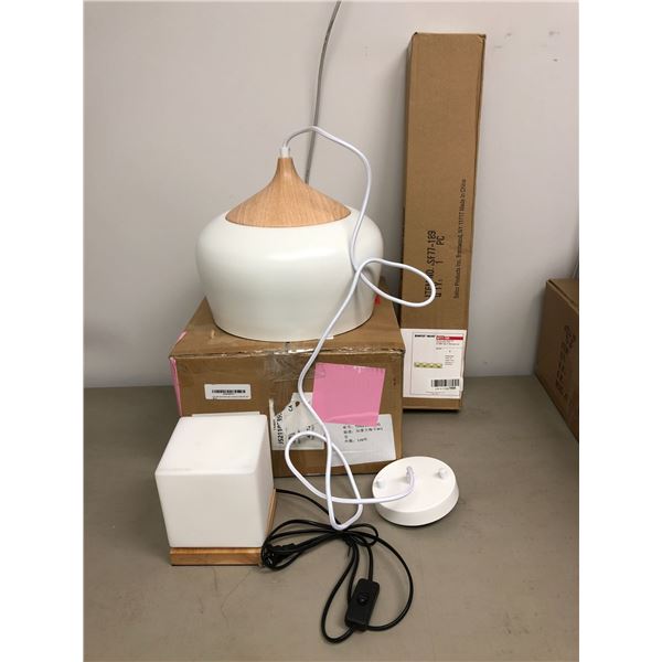 Group Lot of Misc. Lights - Modern Pendant white/wood light, Light Cube with wood Base and 24in vani