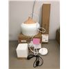 Image 1 : Group Lot of Misc. Lights - Modern Pendant white/wood light, Light Cube with wood Base and 24in vani