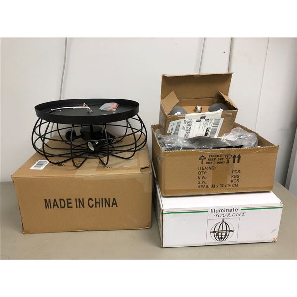 Two Black Cage Lights and Black Globe Light