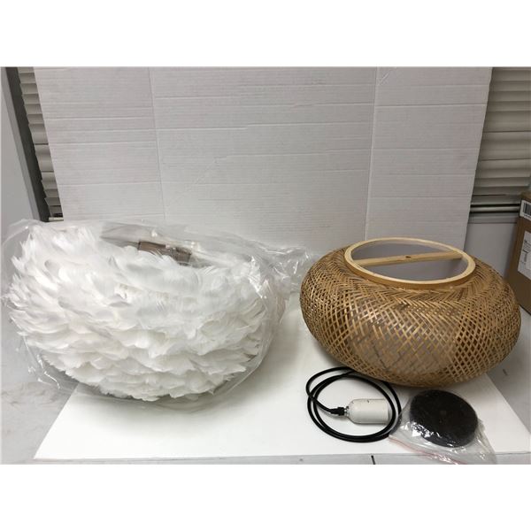 Two Pendant Light Fixtures - One with White Feathers and the other woven bamboo
